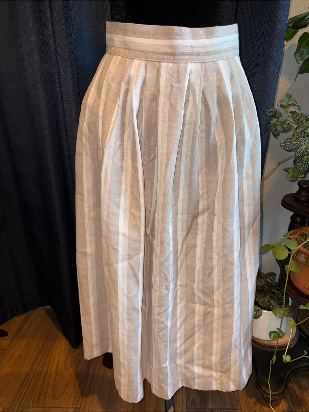 Vintage Striped Cream and White High-Waist Midi Skirt